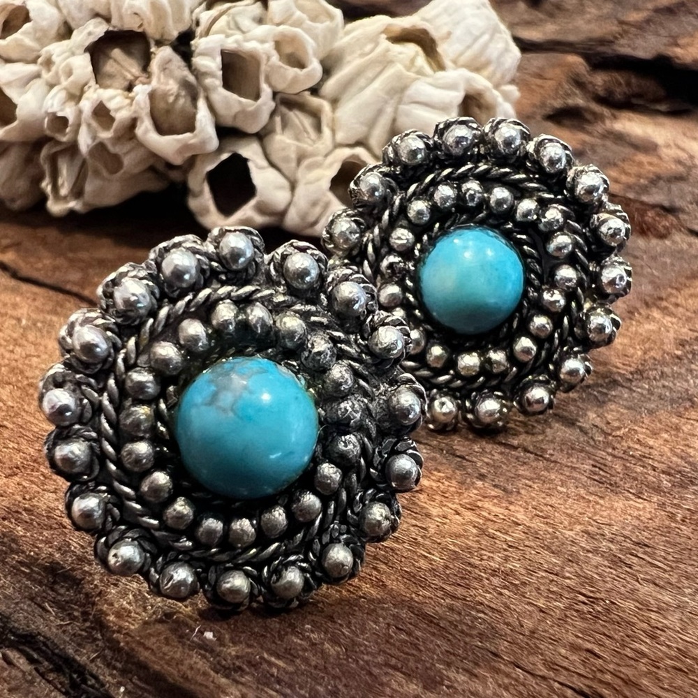 Artisan Native American Style Earrings Blue Turquoise Studs Silver 900 Large